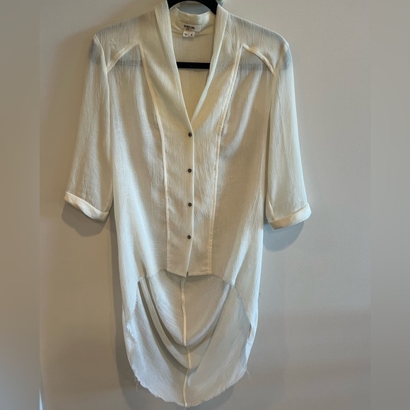 Helmet Lang Sheer Button Front V-Neck Cream Distressed Hem High Low Blouse - Picture 3 of 9